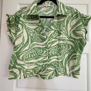 Leaf Print Button Down Shirt - Green and White